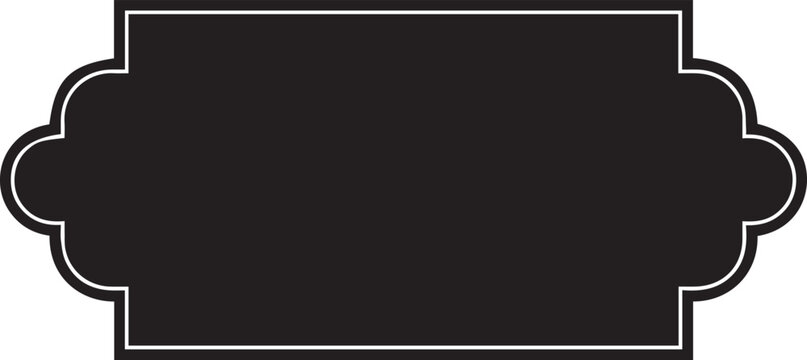 Ornate black decorative label with silver border on white background