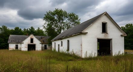 Obraz premium Abandoned white brick farm buildings in overgrown field under cloudy sky