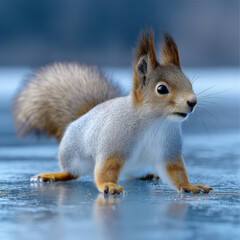 Naklejka premium Squirrel ice winter animal slipping fur cold outdoors nature stressed cute wildlife mammal forest tail alert blue environment snow funny paws