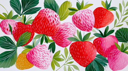 Obraz premium Colorful illustration of strawberries with green leaves arranged artistically on a white background, showcasing vibrant red and pink hues in a playful design with copy space