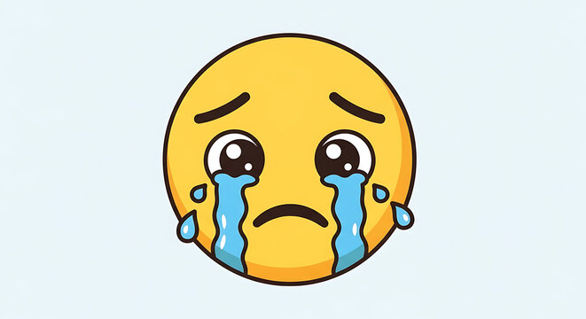 Sad cartoon emoji face crying tears isolated on white background vector illustration