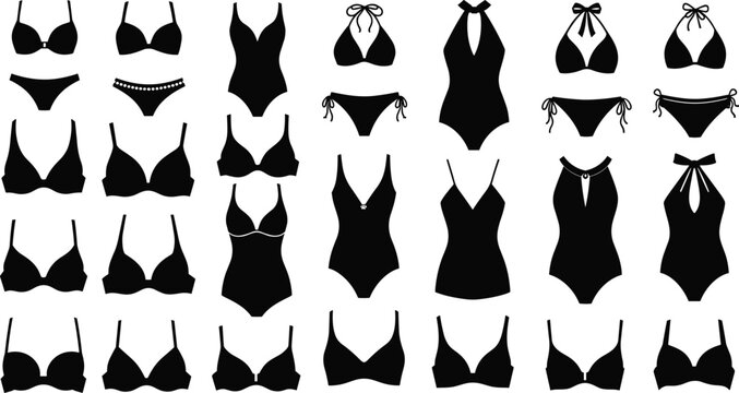 Collection of black silhouettes of women&rsquo;s swimwear styles including bikinis, tankinis, and one-piece suits for fashion design, catalog, and illustration use.