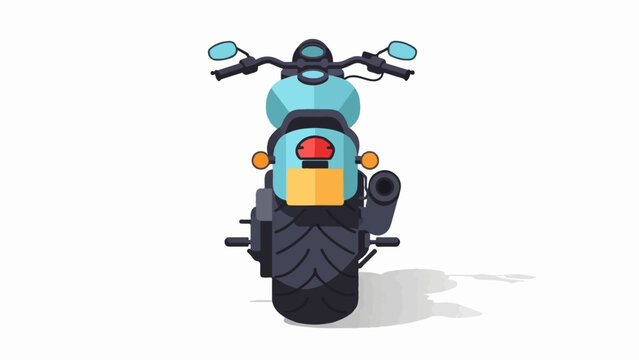 Rear view of a light blue retro style motorcycle with yellow license plate