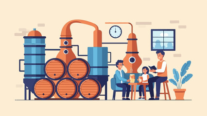 People relax at a distillery with barrels and brewing equipment