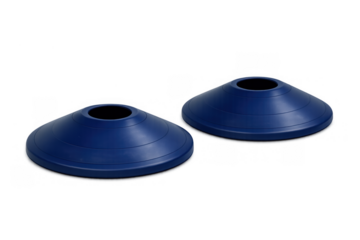 Blue plastic disc cones for sports training, agility drills, and marking during athletic practice on transparent background