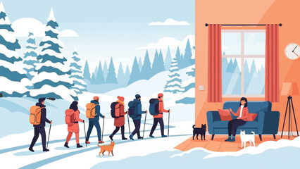 People hiking in snowy woods, one person inside with pets