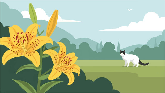 Yellow lilies bloom in a field with a black and white cat standing