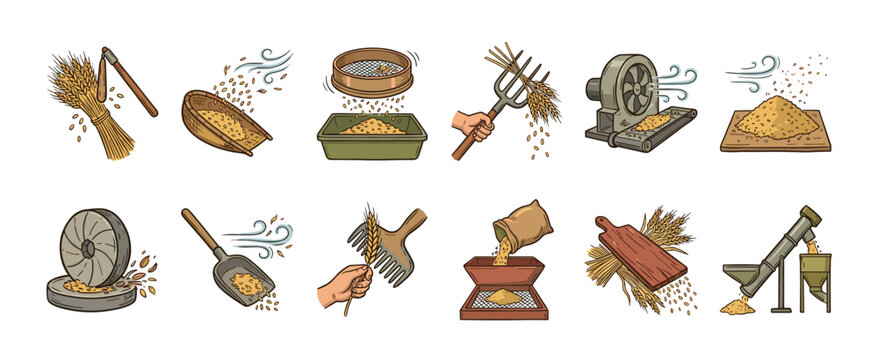 Collection of hand-drawn illustrations showing wheat processing stages from harvesting to milling, featuring traditional tools like a flail, sieve, and stone quern in a vintage sketch style