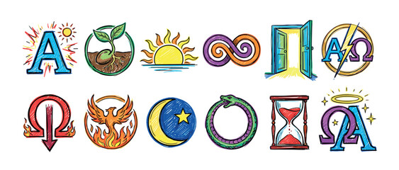Colorful hand-drawn set of spiritual and philosophical symbols including alpha, omega, phoenix, and ouroboros in a vibrant sketch style illustration