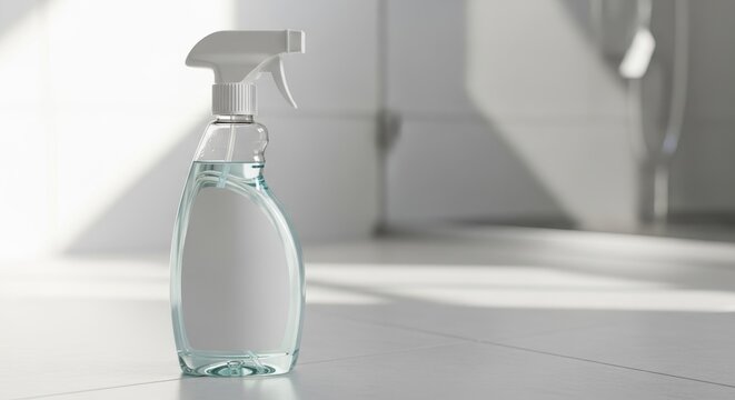 Clear spray bottle with blank label on white tile floor, clean mood, home disinfectant concept against minimalist bathroom backdrop with copy space