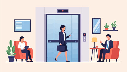 Office lobby scene with elevator, people, plants, and decor