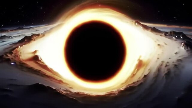 Dramatic depiction of a black hole distorting spacetime, surrounded by swirling matter and energy.