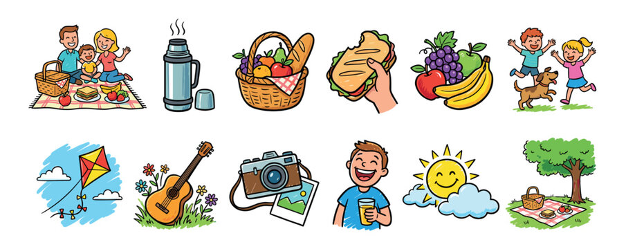 Set of colorful cartoon picnic icons featuring a happy family, food, outdoor activities, and summer elements in a cheerful hand-drawn doodle style illustration collection