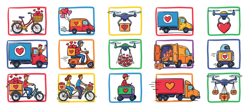 Colorful set of transportation and shipping icons with trucks, scooters, drones, and bicycles delivering love and care packages symbolized by red hearts in a doodle art style