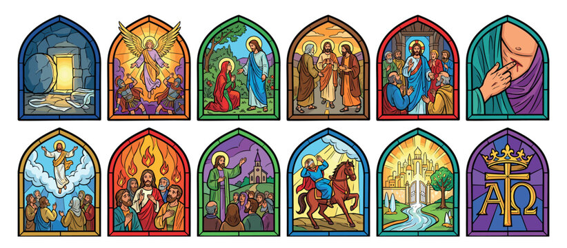 Stained glass window illustrations depicting biblical scenes from the life of Jesus, including the resurrection, ascension, pentecost, and stories of the apostles in a colorful vector art style