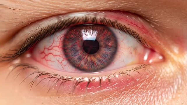 Close-Up of Eye with Inflammation - This video showcases a detailed close-up of an eye exhibiting signs of inflammation, including redness in the surrounding skin and visible blood vessels, which may