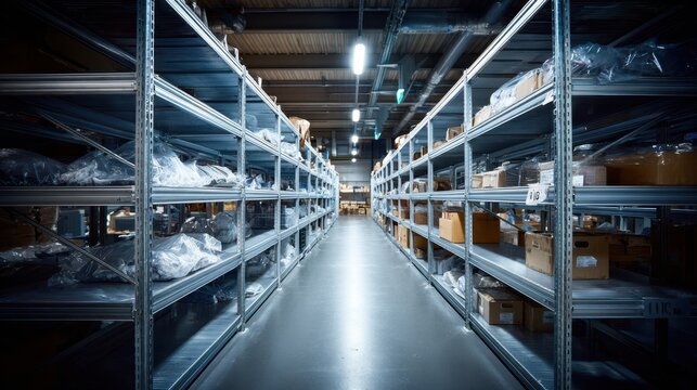 Medium shot of a secure storage facility with metal shelving units holding organized repossessed goods in a clean welllit warehouse environment.