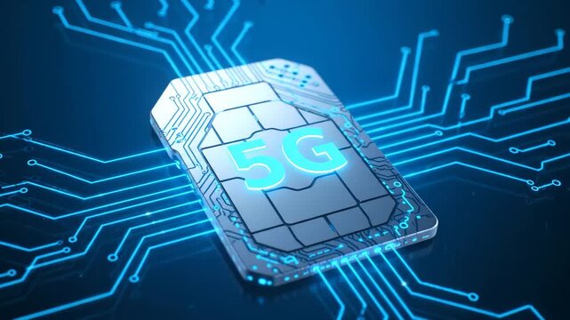 5G eSIM Card with Digital Connections - An illustration of a futuristic 5G eSIM card surrounded by glowing blue connection lines symbolizing high-speed digital networks.