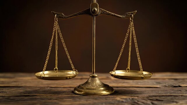 Vintage Balance Scale on Wooden Surface - A classic brass balance scale sits centered on a rustic wooden table, symbolizing justice and equilibrium.