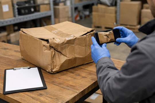 Man in blue gloves taking photo of damaged cardboard parcel box with smartphone. Delivery service problem, claim and insurance concept.
