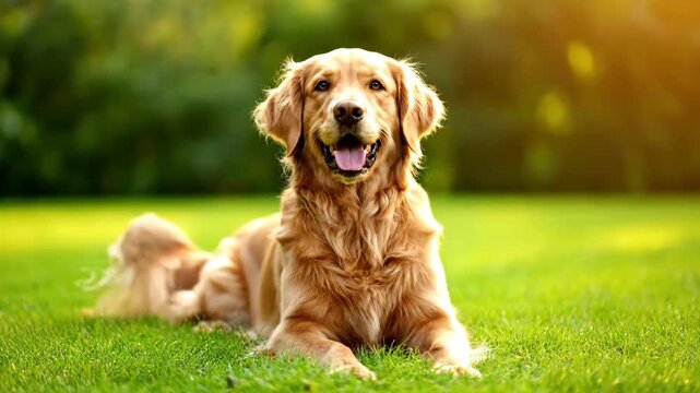 Happy Golden Retriever on Grass - A beautiful golden retriever dog is lying in the grass outdoors. The dog looks happy and healthy, enjoying the sunshine.
