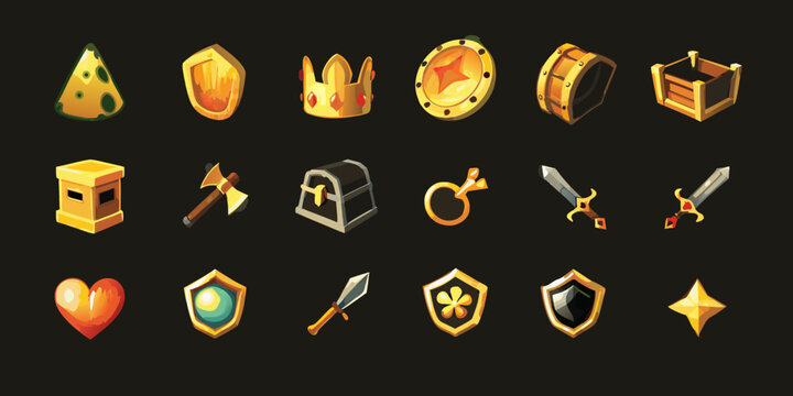 Collection of colorful game icons cheese coins weapons and treasure elements