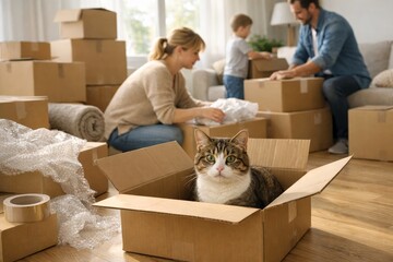 Fototapeta premium Cat in cardboard box with family packing moving boxes. Moving day concept for family relocation and new home journey.