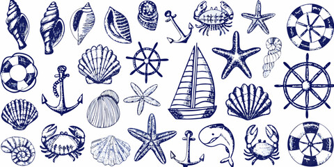 A collection of nautical illustrations featuring shells crabs anchors and ships © ShibuProsad