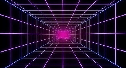 Neon grid tunnel receding into bright pink light