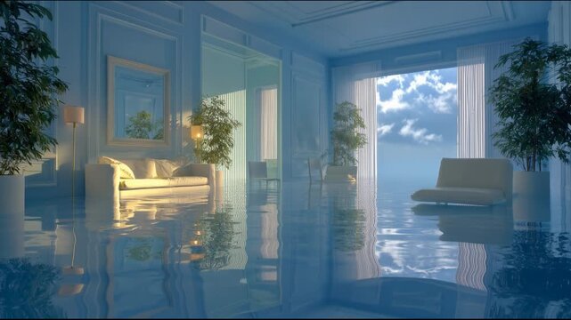 Surreal flooded living room interior with water on floor and large window overlooking blue sky