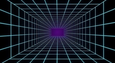 Neon grid tunnel with purple glow at the end light