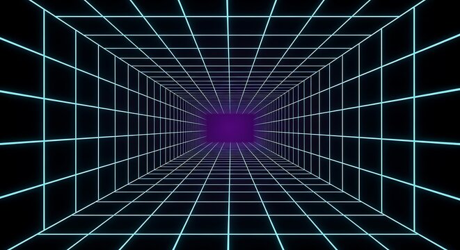 Neon grid tunnel with purple glow at the end light - Powered by Adobe