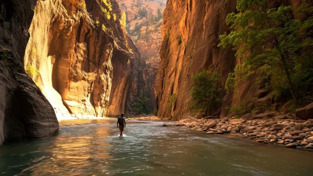 Ultra HD Hiker exploring the majestic narrows of zion national park, wading through the virgin river with towering sandstone canyon walls video