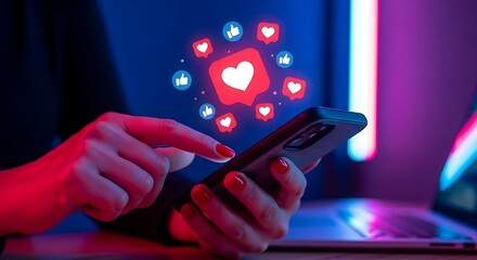 Person using smartphone with social media likes and hearts floating hand finger 1