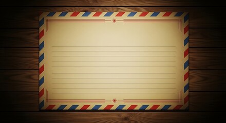Vintage lined paper with red blue border on wood background writing stationery