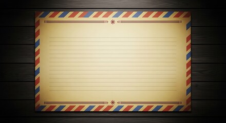 Vintage lined paper with red blue striped border on dark wood