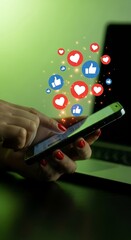 Woman's hands using smartphone with social media likes and hearts floating 1