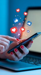 Woman's hands holding smartphone with social media likes and hearts floating
