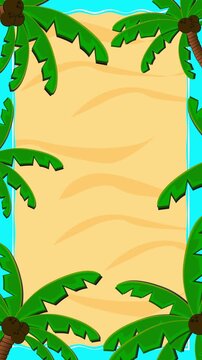 Vertical 2d video animation with cartoon stylized rectangle sandy island with palm trees around. Empty space