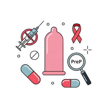 Flat design illustration vector of HIV and AIDS awareness symbols including a condom, pills, syringe with a red prohibition sign, magnifying glass with 'PreP', and red ribbon on a white