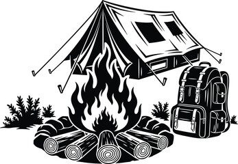 Camping adventure illustration with tent, campfire, backpack, outdoor survival concept, black and white vector design for hiking, travel, wilderness themes © Fazlul
