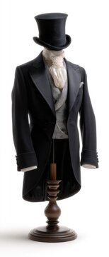 Elegant vintage tailcoat with top hat and cravat on mannequin