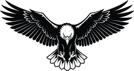 Obraz premium Fierce bald eagle wings spread illustration, black and white vector logo, aggressive bird of prey emblem, wildlife tattoo style design
