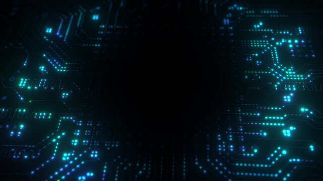 Pulse glow blue loop animation of a microelectronics circuit board isolated on a black background with blank text space. The abstract geometric texture of modern digital technology, or data processing