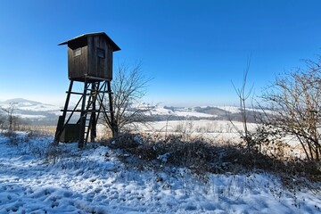 hunting lodge in winter