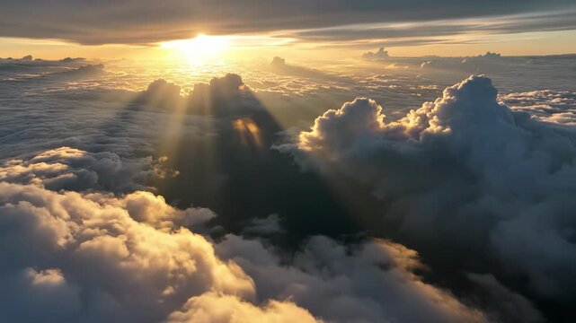 Aerial view of fluffy white clouds with sun rays shining through at sunrise 4k video