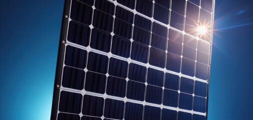 solar panel close up with sun flare and blue sky, banner concept of energy, technology, renewable