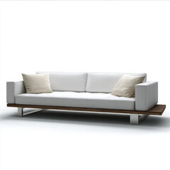 Naklejka premium Modern sofa with single base cushion, white upholstery, wooden platform, metal legs, two cream pillows, minimal design