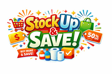 Stock Up & Save Banner. Clean modern holiday banner illustration, colorful retail savings banner reinforcing smart stock-up