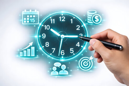 Hand Drawing Smart Clock with Business Icons &mdash; Time Management Concept, Productivity Planning and Scheduling Strategy Illustration